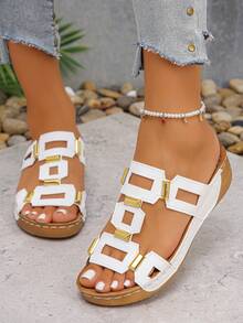 Women's Vacation Fashion Versatile Casual Home & Outdoor Wear Thong Wedge Platform Floral Slides Sandals Beach Shoes - White - View 5