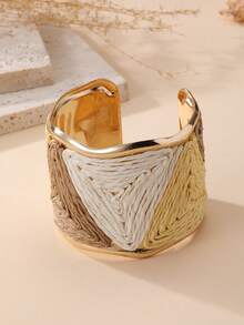 1pc Fashion Bohemian Vintage Handmade Triangle Pattern Color-Block Woven Adjustable Open Cuff Wide Bangle Bracelet For Women, Textured Niche Unique Design, Vacation Accessory Suitable For Holiday, Party, Market And Daily Wear - Multicolor - View 3