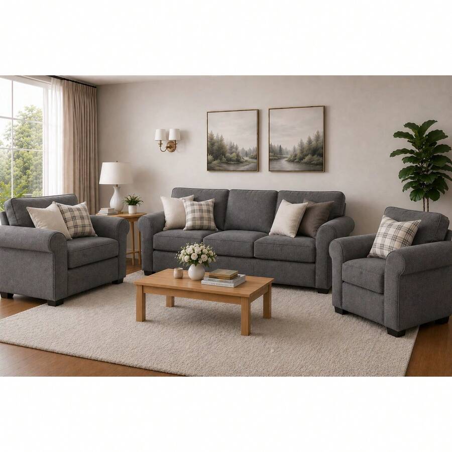3-Piece Stretch Elastic Sofa Cover Set, Complete Living Room Set - Light Grey - View 1