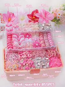 855PCS Pink Sweet Princess Style Girly Hair Accessory Set, Suitable For Girls. Includes Artificial Lily/Double Layer Glitter Butterfly/Pearl Mesh Flower Hair Clips, Rhinestone Heart Crown Bow Rabbit Bangs Clips Side Clips, Mini Claw Clips, Rabbit Ear Hair Ties, Multiple High Elasticity Non-Damaging Basic Hair Ties. Suitable For Daily/Party/Performance Use - Multicolor - View 12