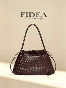 Nuevo bolso de hombro y axila en forma de media luna para mujer, minimalista, versátil para uso diario, unicolor con textura tejida de PU, calidad elegante de alta gama, cierre con nudo de cuerda, ligero y práctico, adecuado para viajes, compras, citas, desplazamientos urbanos, trabajo y otras ocasiones - Café - Ver 2