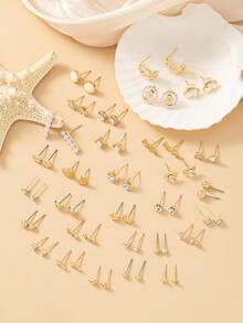 Juego de 30 pares de pendientes de botón para mujer, surtido de corazón, flor pequeña, strass, perla falsa, triángulo, pendientes de combinación múltiple, adecuado como regalo festivo para amigos - Amarillo Oro - Ver 2