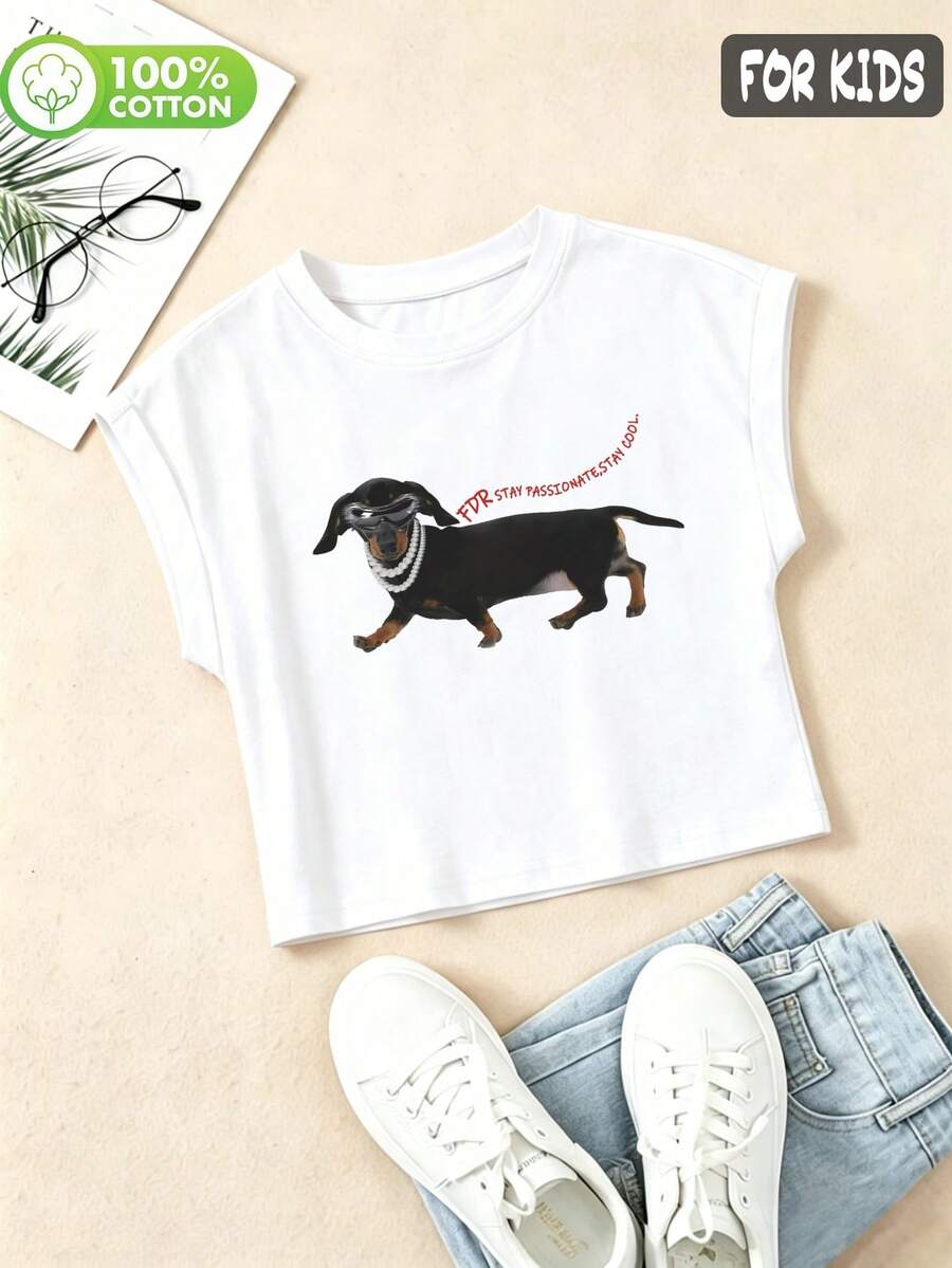Camiseta de manga corta con estampado personalizado de perro salchicha para niñas jóvenes, cuello redondo y ajuste casual en 100% algodón, perfectamente transpirable y suave para el verano - Blanco - Ver 1