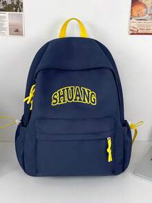 Letter Print Backpack,College Style Navy & Yellow Color Block Daypack,School College Daily Commute Travel - Multicolor - View 2