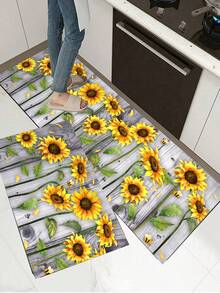 1pc Wood Grain Sunflower Kitchen Rug And Floor Mat, Sunflower Kitchen Mat And Gray Wood Grain Floor Carpet, Can Be Placed In Front Of The Sink, Used For Standing Kitchen Decor - Multicolor - View 3