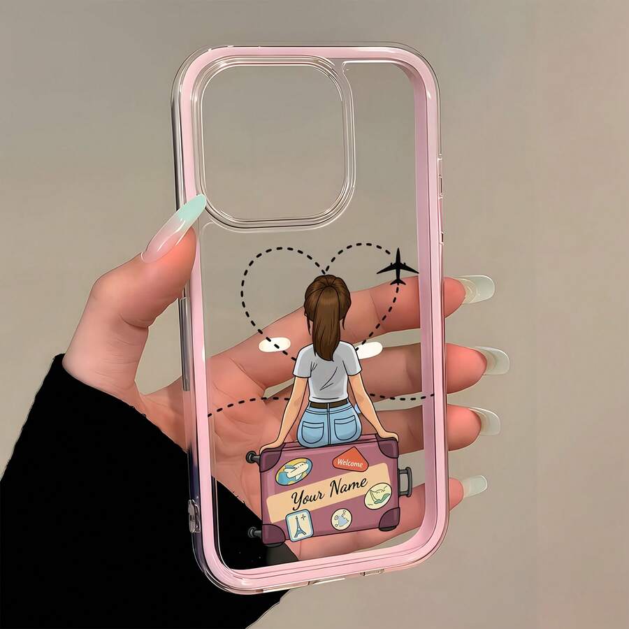 1pc Pink Frame Minimalist Lens Protection Suitcase Girl Back Pattern Phone Case Personalized Compatible With IPhone 16 Pro Max 17/16/15/14 Plus/13/12/11 Protective Case Air Compatible With Samsung Series - Multicolor - View 1