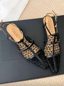 Sandalias romanas de mujer 2026 de verano, estilo vintage de moda, negras, de malla tejida calada, punta fina, tacón grueso, punta cerrada, diseño único de alta gama, cómodas, ligeras y versátiles - Negro - Ver 6