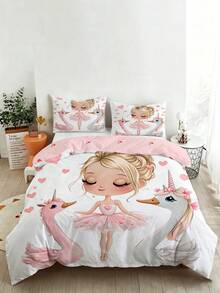 2/3pcs Kids Ballet Bedding Set For Girls, Pink Ballerina Duvet Cover And Pillowcase Set, Cute Cartoon Princess Floral Heart Pattern Bed Sheet, Princess Style For Girls (Single/Double/Queen Size) - Multicolor - View 1