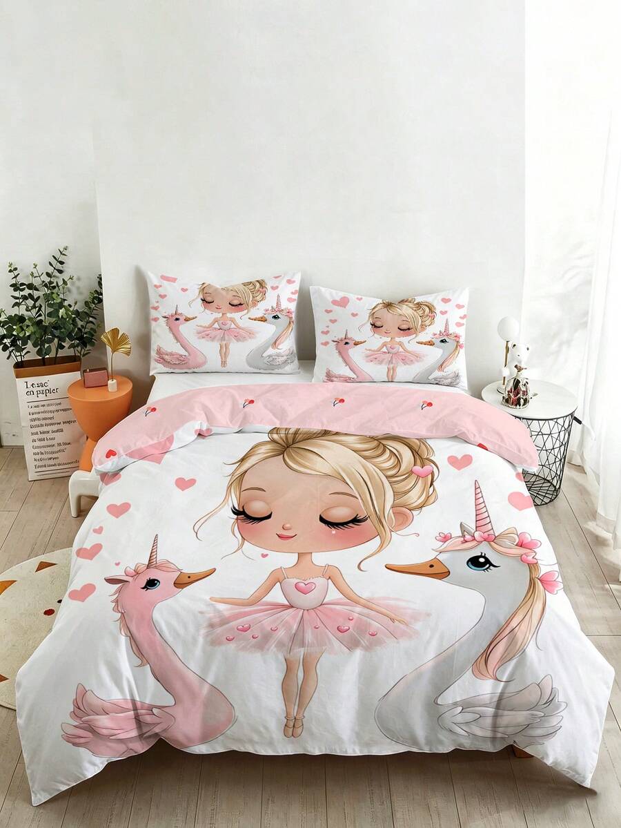 2/3pcs Kids Ballet Bedding Set For Girls, Pink Ballerina Duvet Cover And Pillowcase Set, Cute Cartoon Princess Floral Heart Pattern Bed Sheet, Princess Style For Girls (Single/Double/Queen Size) - Multicolor - View 1