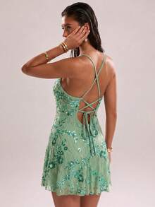 UNITHORSE [Random Cut] V-Neck Sexy Beaded Front Backless Elegant Party Dress - Green - View 2