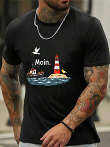 Men's "Moin" Nautical Lighthouse & Boat Graphic Print Crew Neck Short Sleeve Casual T-Shirt, Black Coastal North Sea Greeting Tee - Black - View 1