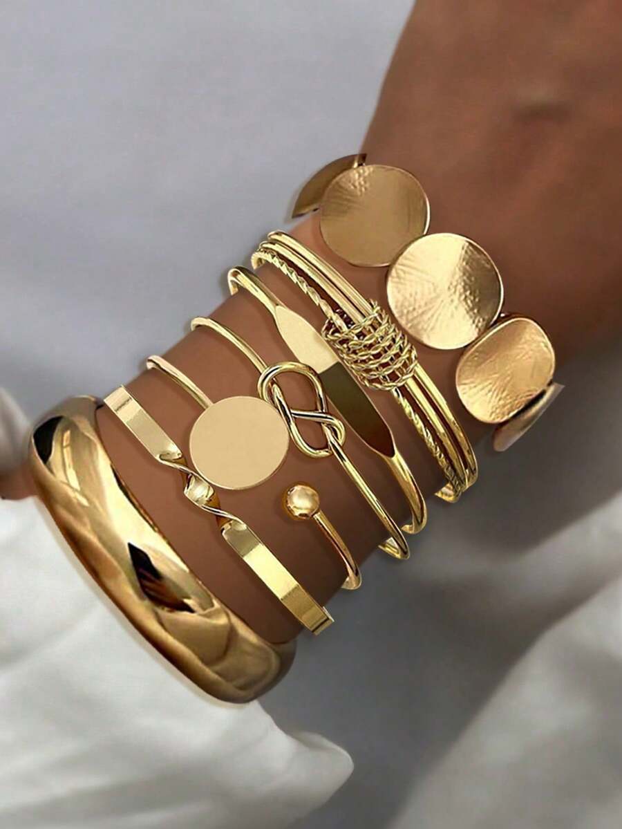 7pcs Set Vintage Exaggerated Luxury Geometric Design Wide Metal Bangle Bracelet Set, Suitable For Daily Wear And Gifts - 7pcs Round Bracelet - View 1