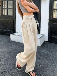 Casual Plain Color Straight High-Waist Slim Loose Suit Pants Spring - Apricot - View 8