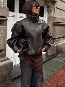 Women's PU Leather Zipper Aviator Jacket, Street Style Outdoor Wear, Faux Leather Black Red Jacket Fall - Mocha Brown - View 3