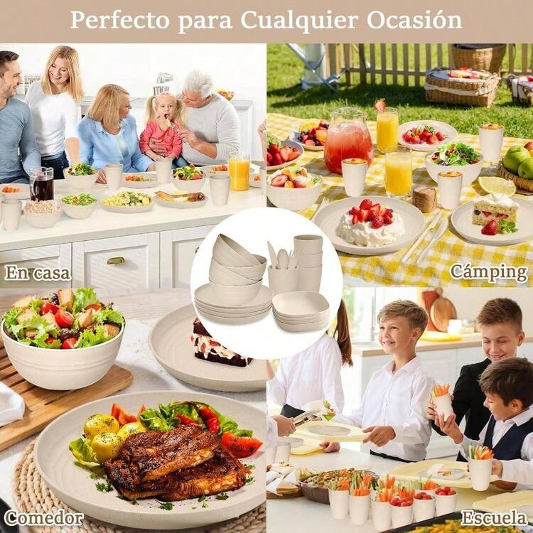 Juego de Vajilla para 4 Personas, Juego de Vajilla de Paja de Trigo 32 Piezas, Vajilla de Completa Reutilizable con Cuenco, Plato, Plato Cuadrado, Cuchara, Tenedor, Tazas, Apto para Lavavajillas - Color beige - Color beige - Añade 4