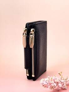 Dompet Pendek Wanita Baru dengan Gesper, Dompet Koin dan Kartu dengan Resleting Ganda PU Lembut yang Indah, Minimalis, Modis, dan Ringan - Hitam - View 8