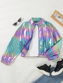 Girls' Casual Zip-Up Short Dropped Shoulder Long Sleeve Jacket, Solid Color, Spring/Autumn - Purple - View 1