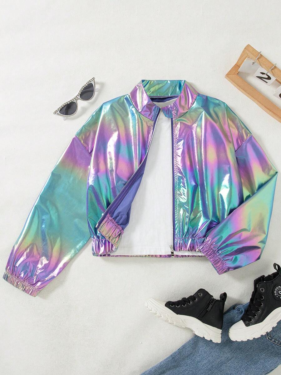 Girls' Casual Zip-Up Short Dropped Shoulder Long Sleeve Jacket, Solid Color, Spring/Autumn - Purple - View 1