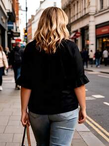 Plus Size Women Elegant Solid Color Knotted Ruched/Ruffle Trim Casual Top Black Summer - Black - View 3