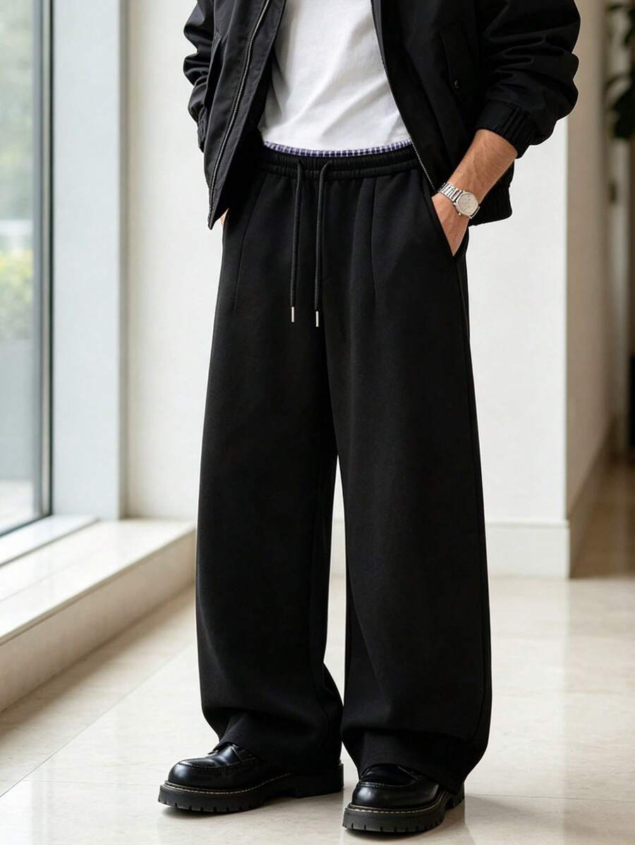 Men's Solid Color Retro Plaid Waistband Casual Long Pants, Street Dark Style Straight Leg Pants - Black - View 1