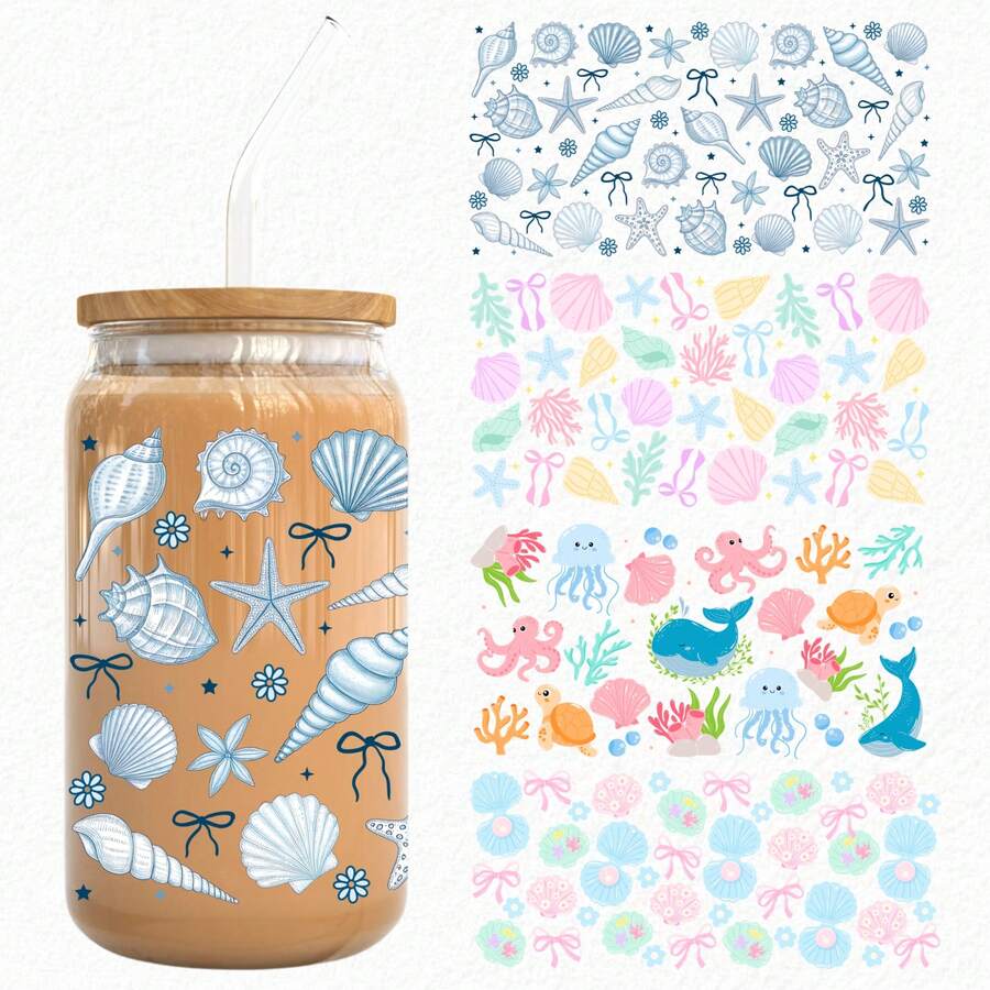 1/2/4pcs Sweet Style Shell Bow Pearl Beach UV DTF Cup Stickers, Suitable For 16oz Glass Jar Cups, Summer Vibe Coastal Mermaid UV DTF Stickers, Suitable For Water Cups, Insulated Cups, Mugs, Bookmarks, Laptops, Phone Cases, Holiday Gifts For Girls, Friends, Teachers
