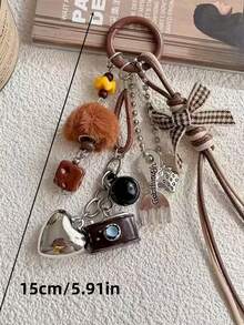 1pc Maillard Style Vintage Camera Plush Ball Keychain Pendant With Bow, Ins Style Phone Charm, Suitable As A Gift For Friends, Family And Classmates - Multicolor - View 4