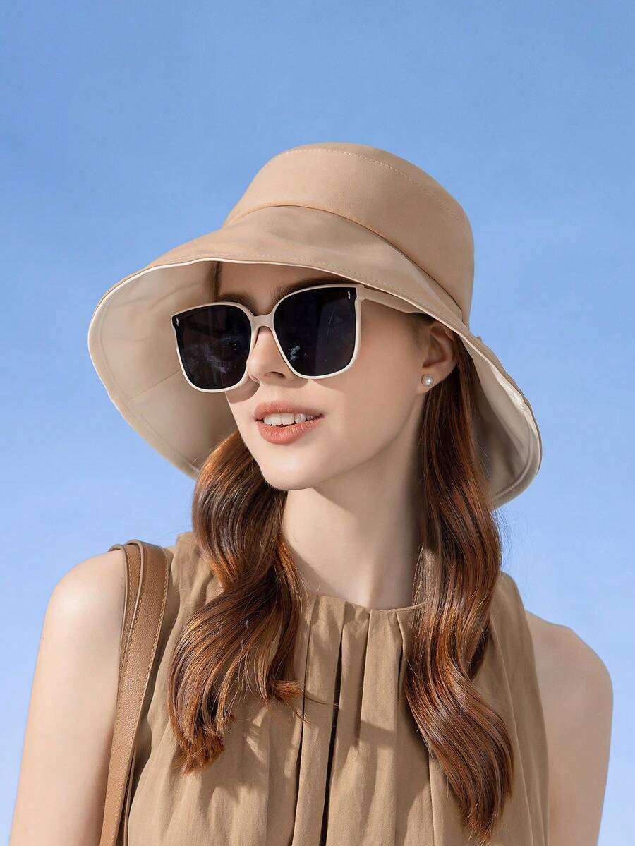 1 Sombrero de cubo de dos tonos con moño para mujer, sombrero de ala ancha de protección solar de moda para actividades al aire libre en verano Día de San Valentín - Caqui - Ver 1