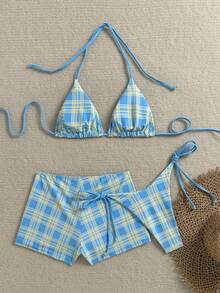 Women's Summer Pastoral Style Printed Halter Bikini Set Set With Hipster Bottoms, 3-Piece Set, Suitable For Party, Music Festival, Graduation Season Occasions; Elegant Women's Swimwear, Fashionable Sexy Bikini Set, Women's Beach Vacation Outfit - Multicolor - View 6