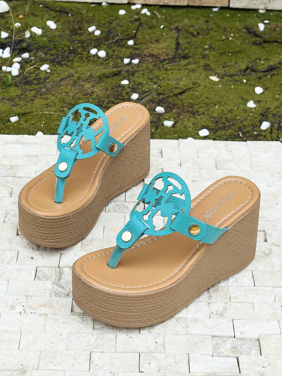 Sandal Wedges Sol Tebal Wanita, Sandal Jepit Bertali, Sepatu Musim Panas Hak Tinggi - Baby Blue - View 1