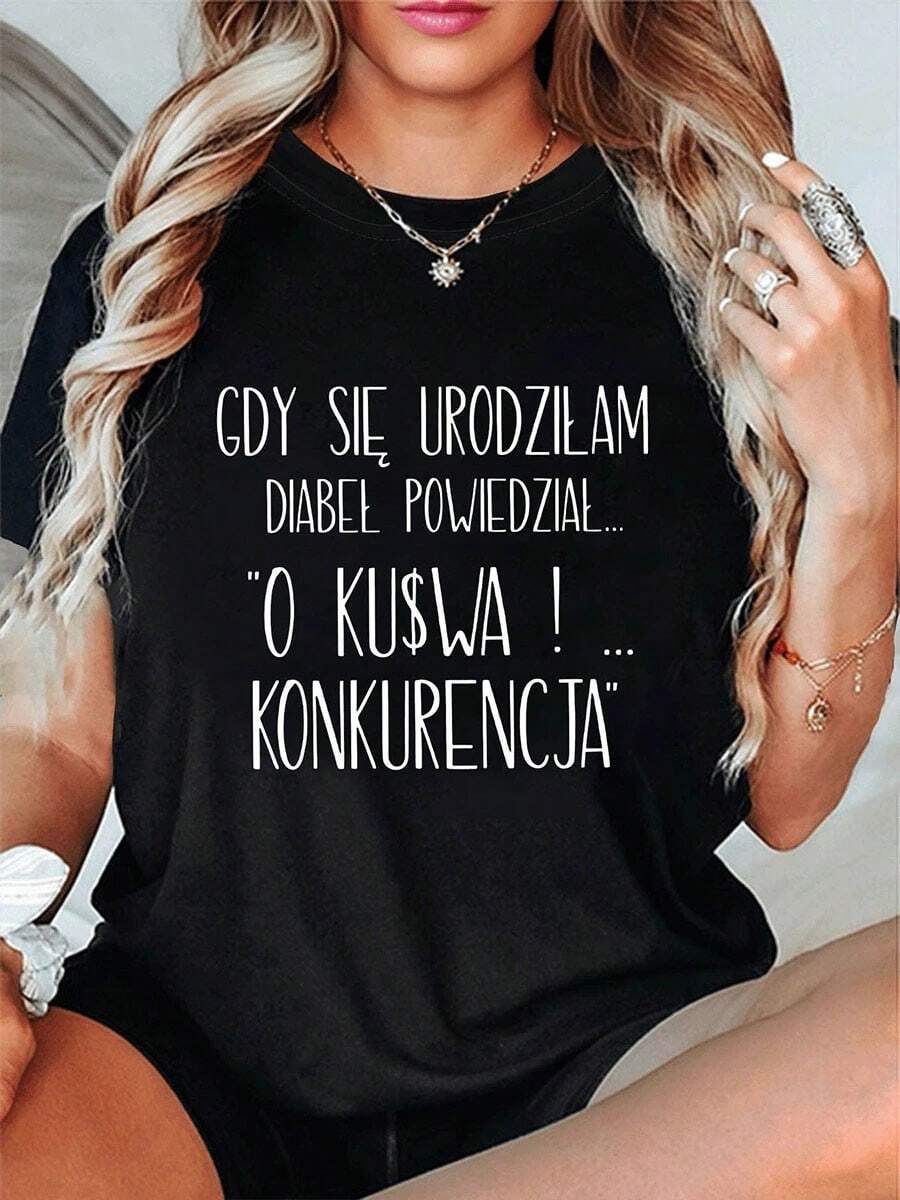 Plus Size Gdy Sie Urodzilam Diabel Powiedzial O Kuswa Konkurencja Letter Print Women's T-Shirt, Short Sleeve Crew Neck Casual Summer Spring - Black - View 1