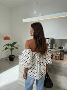 Women's Polka Dot Contrast Color Pleated Off-Shoulder Top, Suitable For Beach And Daily Wear, Spring/Summer White - White - View 5