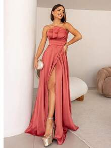 Elegant Women's Party Dress, Strapless, A-Line Cut, With A Fitted Draped Waist And Thigh Slit, Perfect For Parties Or Bridesmaid Events. - 珊瑚橙 - 查看 2