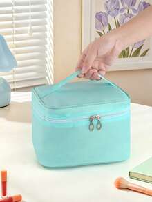 1pc Plain Solid Color Nylon Square Makeup Bag, Fresh Mint Green Large Capacity, Women's Portable Cosmetic Bag Essential For Daily Outings - Mint Blue - View 5