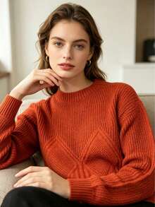Women's Rib-Knit Long Sleeve Round Neck Sweater, perfect for Fall and Winter, features a regular cable knitted detail for a cozy and stylish look. - Laranja - Visão 3