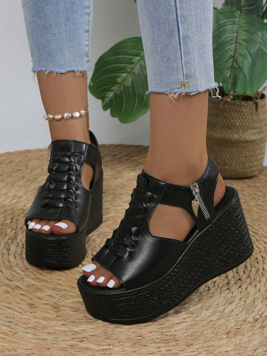 Wide Fit Peep Toe Wedge Heel Women's Sandals, Open Toe High Heel Shoes, Thick Sole Side Zipper Hollow Fashion Versatile Ladies Sandals - Black - View 1