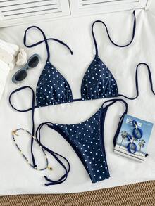 Women's Leopard Print Halter Neck Tie Sexy Bikini Set, 2025 Summer Beach Vacation Style - Navy Blue and White Dots - View 2