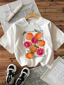 Women Casual Cott Crop Top With Round Neck & Drop Shoulder Sleeves, Featuring A Vibrant Orange Print, Perfect For Spring Outfits And Everyday Wear - White - View 2