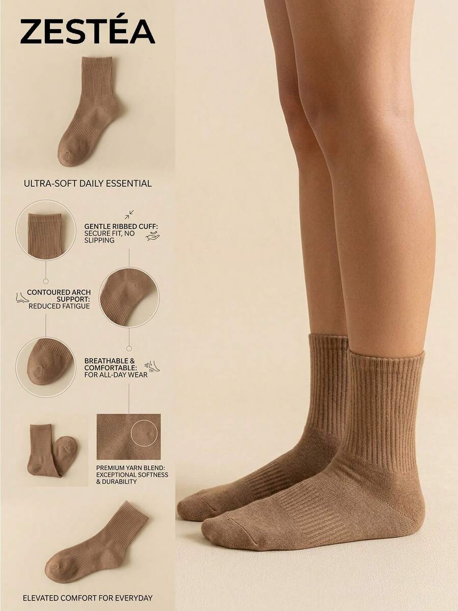 5 Pairs Solid Coffee Brown Mid-Calf Socks, Unisex, Breathable Polyester Mid-Calf Socks, Anti-Sweat Anti-Odor Casual Socks - Multicolor - View 1