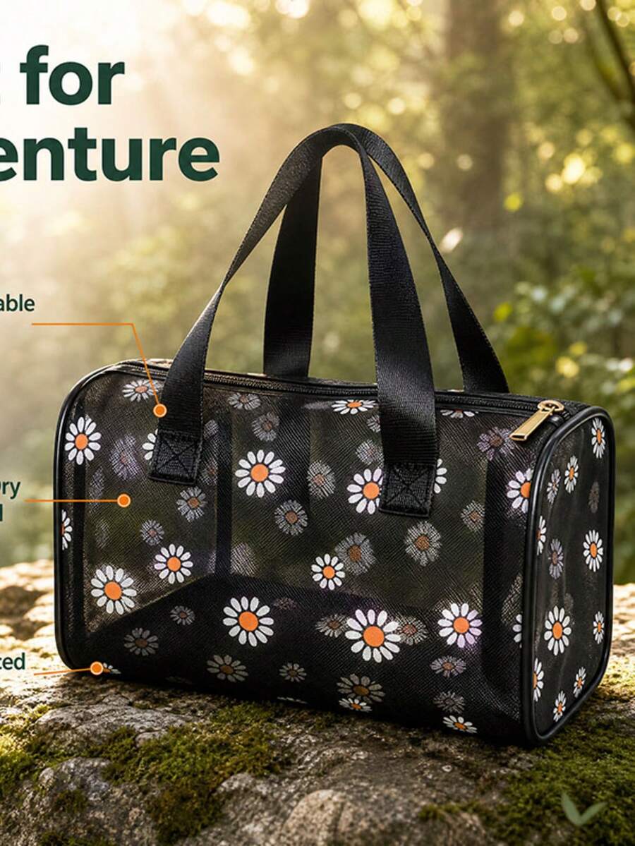 1pc Square Expanded Large Capacity Breathable Mesh Storage Bag, Lightweight Dirt-Resistant Mesh Fabric Tote, Minimalist Retro Niche Style, Pure Black Mesh With White Daisy Print, Full-Length Zipper Closure, Wide Webbing Handle, 3D Body Shape, Fitness Swimming Makeup Organizer