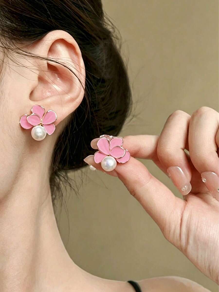 1對法式奢華優雅小眾極簡花卉仿珍珠耳釘，適合女性日常與節日配戴 - 粉色 - 查看 1