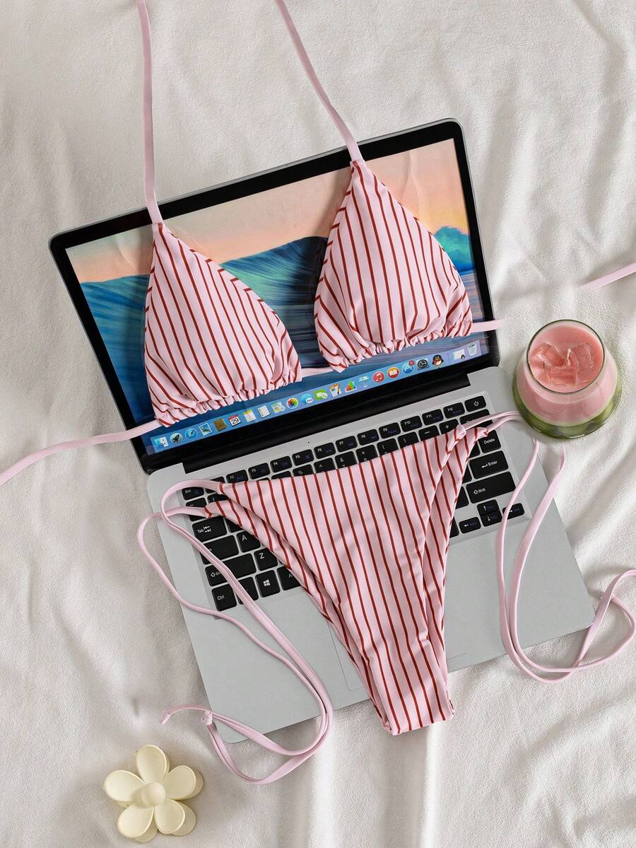 Women's Summer Bikini Set Set, Halter Neck Tie Back Open Back Swimwear, Fashionable And Comfortable Bikini Set Set, Suitable For Summer Vacation, Beach Leisure And Holiday Wear, Women's Summer Outfit
