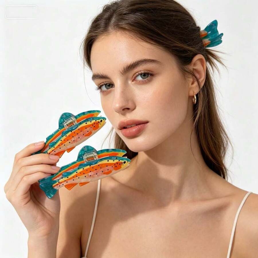 1pc Cute Cartoon Ocean Salmon Shaped Hair Clip, Fun Unique Large Hair Clip, Suitable For Women's Back Of Head, Especially For Updos, Curly Hair, Long Hair And Daily Commute Use - Multicolor - View 1
