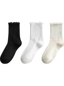 3/6 Pairs Japanese Sweet Minimalist British Academy Style Maillard Color Frill Trimmed Ruffle Lace Mid-Calf Socks - Multicolor - View 12