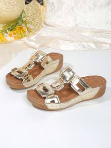 Sandalias tipo chanclas de cuña con suela gruesa y diseño floral, versátiles y casuales para mujer, para vacaciones, hogar, exterior y playa - Dorado - Ver 7