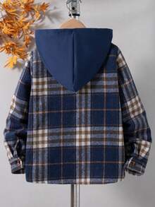 Jaket Hoodie Kasual Anak Laki-Laki, Motif Kotak-kotak Flanel dengan Kantong, Musim Gugur/Dingin - Royal Blue - View 3