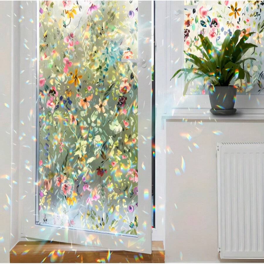 Un autocollant de fenêtre à motif floral, un rouleau de film double face, haute transparence, adsorption électrostatique, adapté à la décoration intérieure et à la décoration de verre. - Multicolore - Voir 1