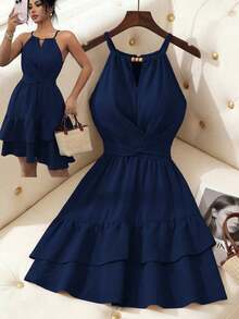 Vestido mini ajustado y acampanado sin mangas, elegante, de color caqui, con lazo de cuentas para mujer, para primavera/verano - Azul marino - Ver 1