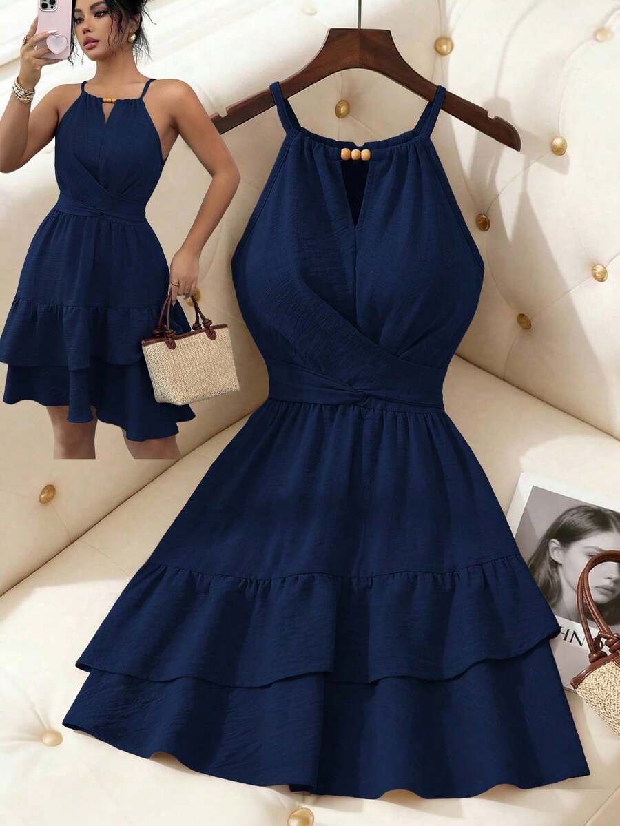 Vestido mini ajustado y acampanado sin mangas, elegante, de color caqui, con lazo de cuentas para mujer, para primavera/verano - Azul marino - Ver 1