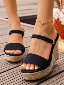 Sandalias de plataforma con cuña y hebilla de unicolor estilo retro para mujer talla grande - Negro - Ver 3