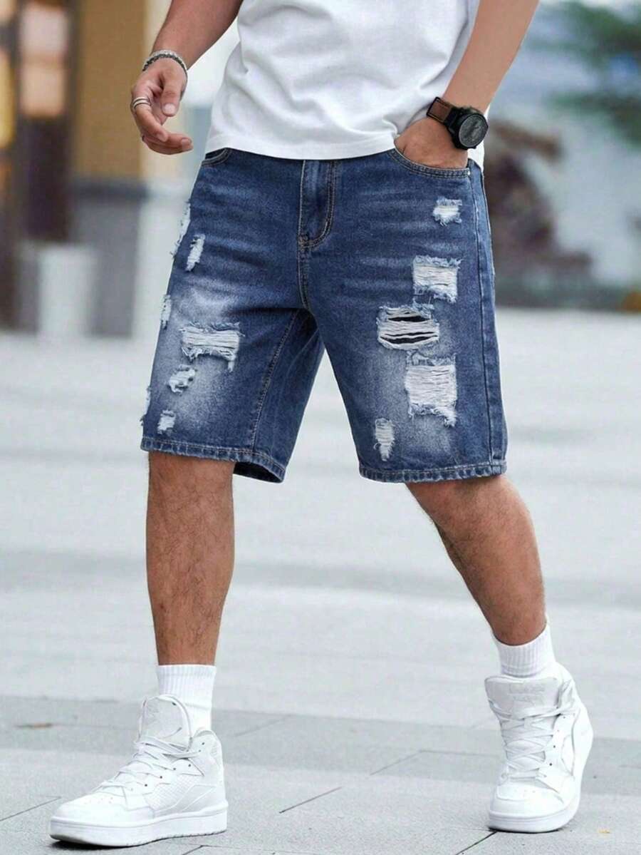 Traceable Cotton - European & American Men's Distressed Denim Shorts - Blue - View 1